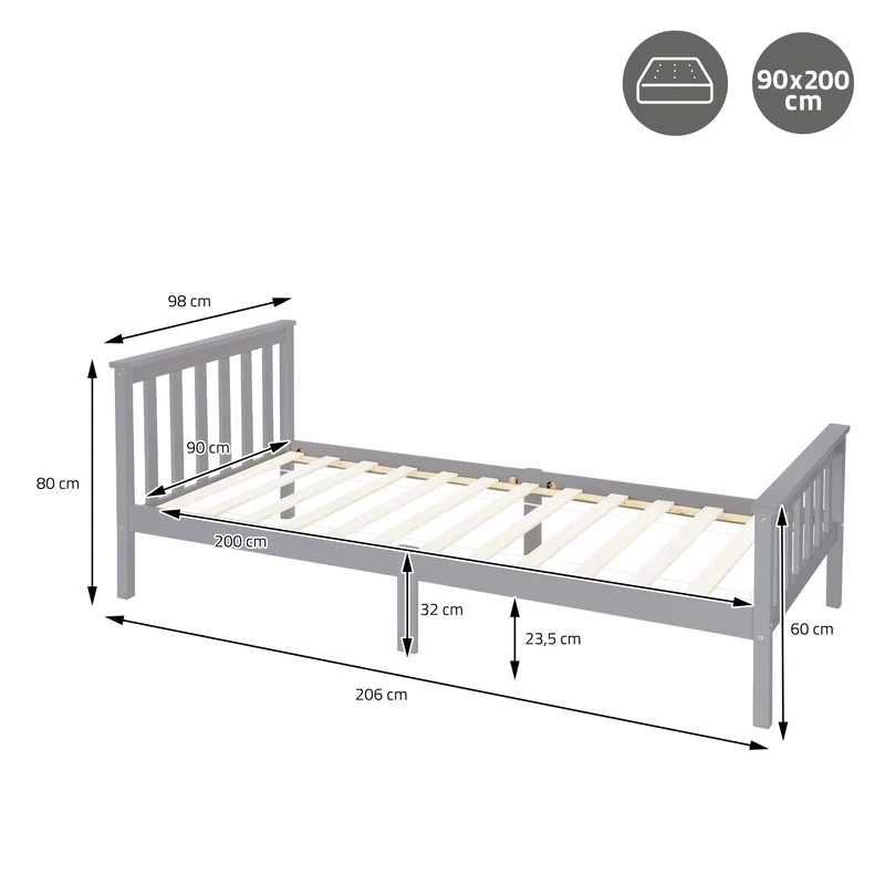 Bettgestell Einzelbett 90x200cm aus Kiefernholz in Hellgrau mit Lattenrost & Matratze H-10cm ML-Design