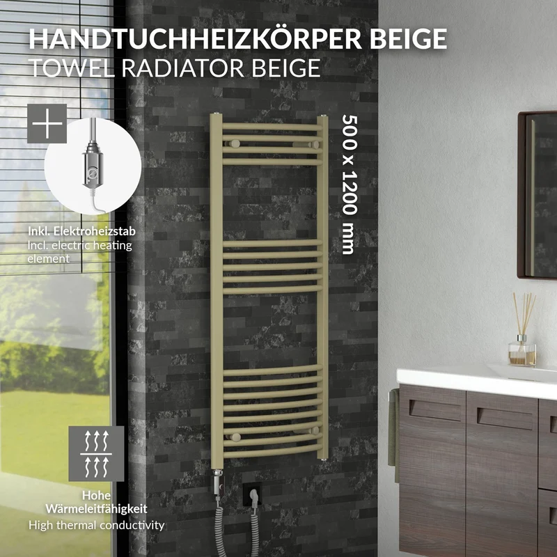 LuxeBath | Handtuchheizkörper elektrisch 600W Sahara gebogen mit Seitenanschluss 500x1200 mm Stahl Beige Badheizkörper Handtuchtrockner für Badezimmer