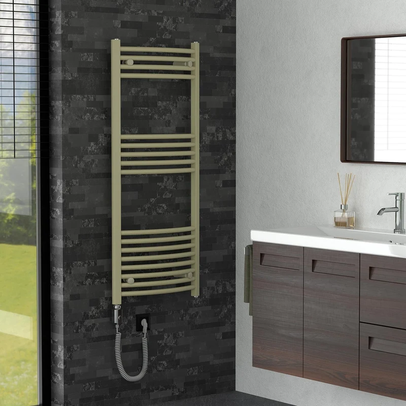 LuxeBath | Handtuchheizkörper elektrisch 600W Sahara gebogen mit Seitenanschluss 500x1200 mm Stahl Beige Badheizkörper Handtuchtrockner für Badezimmer