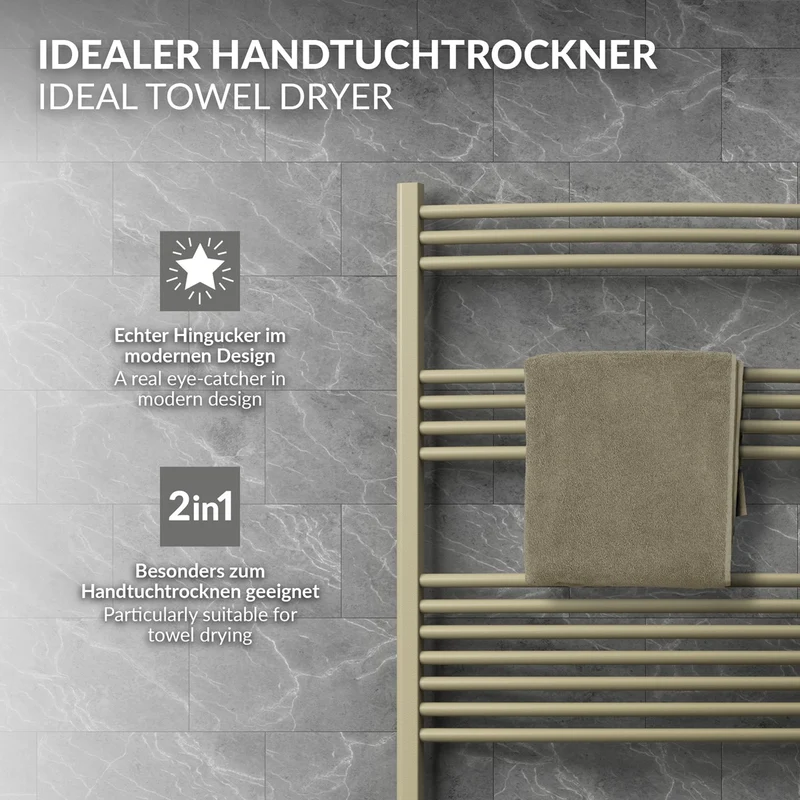 LuxeBath | Handtuchheizkörper elektrisch 600W Sahara gebogen mit Seitenanschluss 400x1200 mm Stahl Beige Badheizkörper Handtuchtrockner für Badezimmer