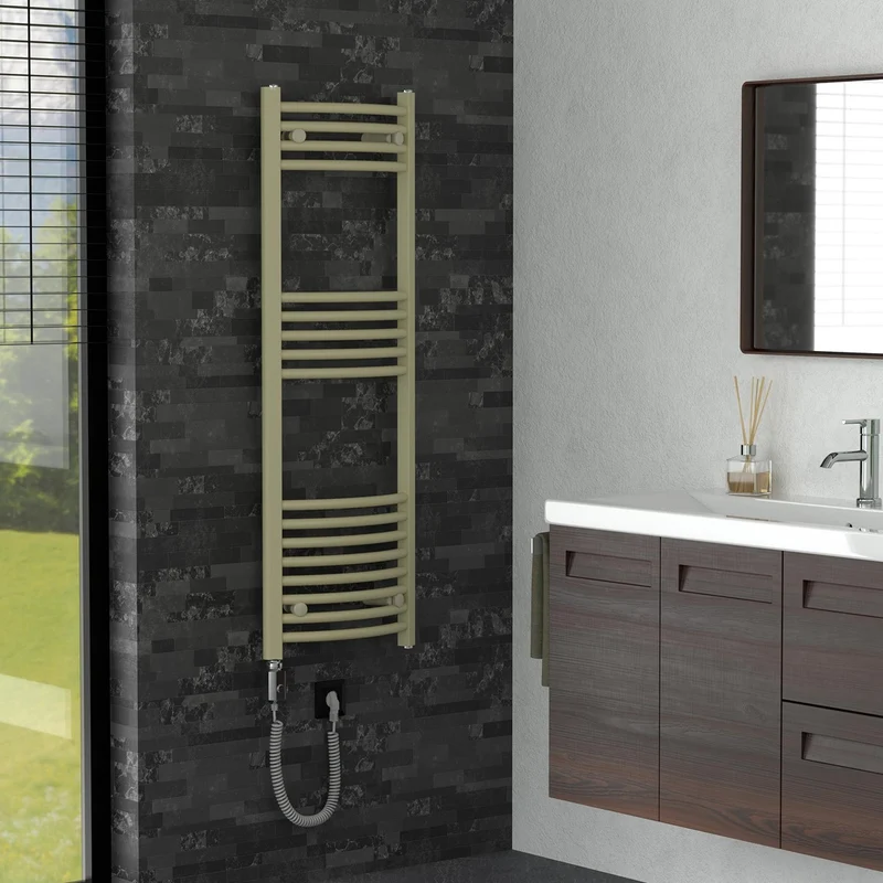 LuxeBath | Handtuchheizkörper elektrisch 600W Sahara gebogen mit Seitenanschluss 400x1200 mm Stahl Beige Badheizkörper Handtuchtrockner für Badezimmer