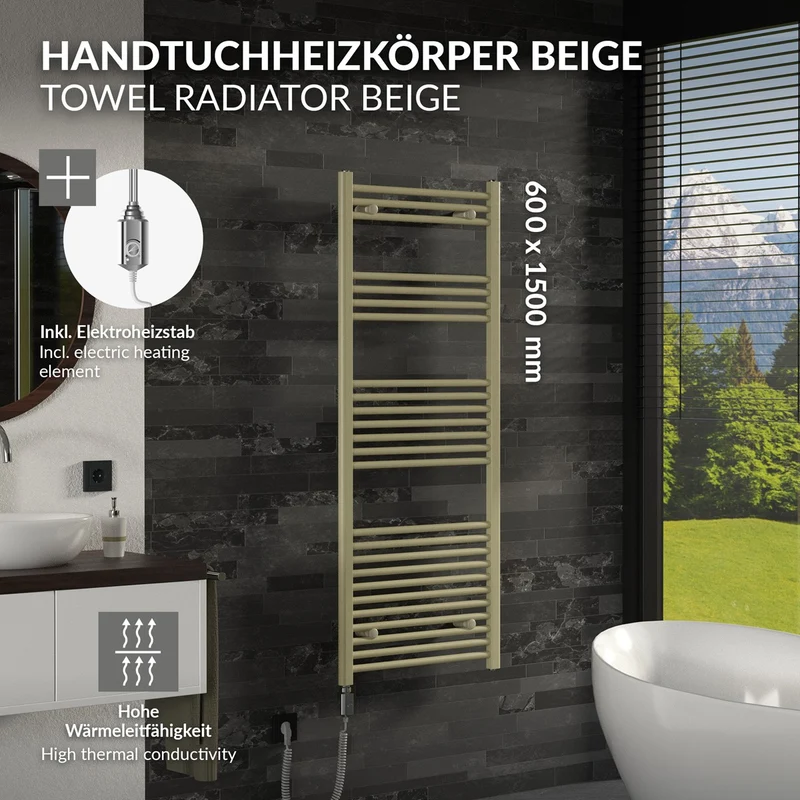 LuxeBath | Handtuchheizkörper elektrisch 600W Sahara gerade mit Seitenanschluss 600x1500 mm Stahl Beige Badheizkörper Handtuchtrockner für Badezimmer