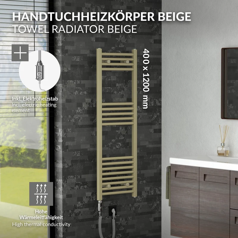 LuxeBath | Handtuchheizkörper elektrisch 600W Sahara gerade mit Seitenanschluss 400x1200 mm Stahl Beige Badheizkörper Handtuchtrockner für Badezimmer
