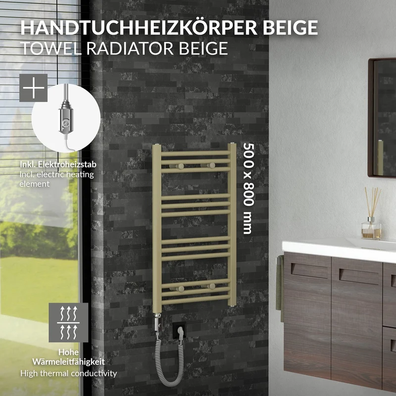 LuxeBath | Handtuchheizkörper elektrisch 300W Sahara gerade mit Seitenanschluss 500x800 mm Stahl Beige Badheizkörper Handtuchtrockner für Badezimmer