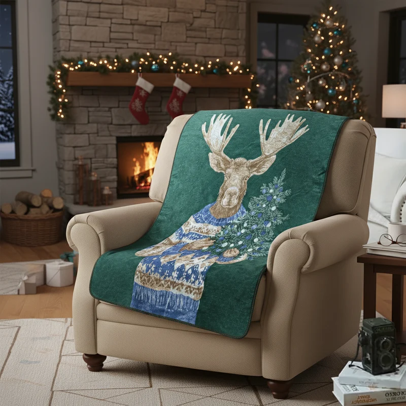 Plaid in Lana Cotta con Alce Natalizio - Moose
