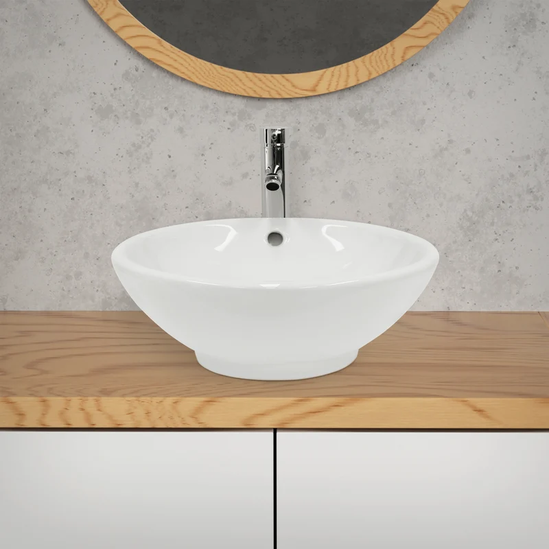 Waschbecken Rund Ø 420 x 170 mm Weiß inkl. Überlauf aus Keramik LuxeBath