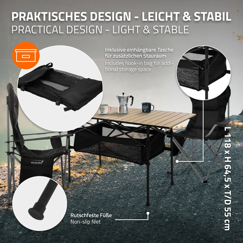 Camping Set 3-teilig mit Klapptisch Beige und 2 Campingstühlen Schwarz HAUKI