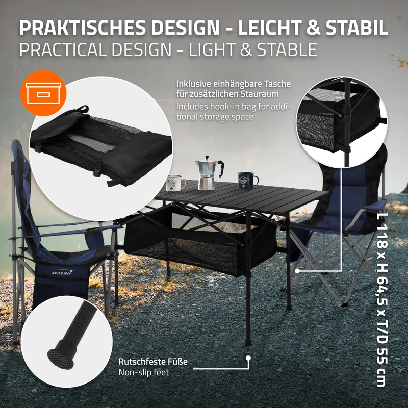 Camping Set 3-teilig mit Klapptisch und 2 Campingstühlen Schwarz HAUKI