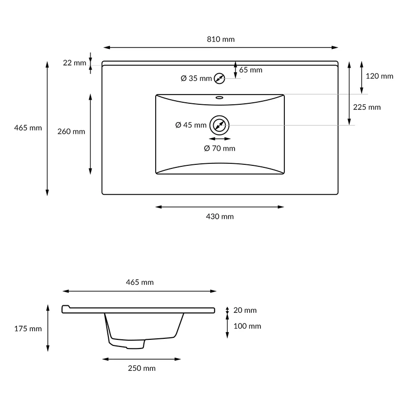 Waschbecken Rechteckig mit Überlauf 810x465x175 mm Weiß aus Keramik LuxeBath