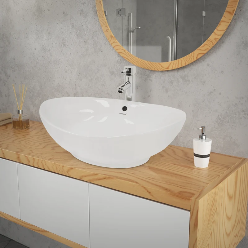 Waschbecken inkl. Ablaufgarnitur Silber mit Überlauf 59x39x20 cm Weiß aus Keramik LuxeBath