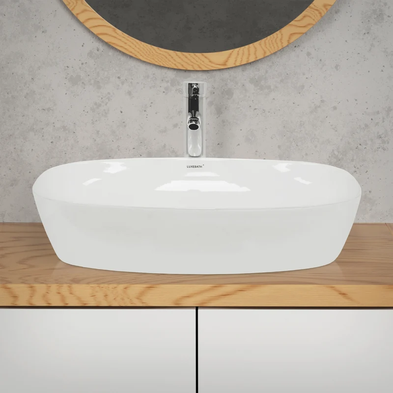 Waschbecken Oval ohne Überlauf 60,5x38x14 cm Weiß aus Keramik LuxeBath
