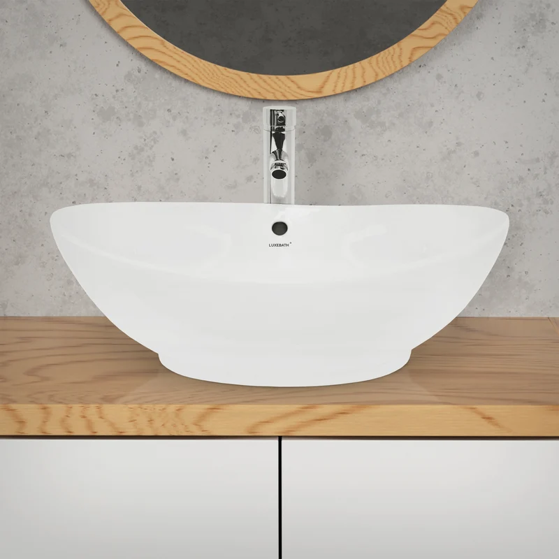 Waschbecken Oval mit Überlauf 590x390x200 mm Weiß aus Keramik LuxeBath