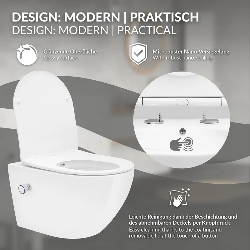 Wand-WC Hänge Toilette aus Keramik 54 cm lang Spülrandlos mit Bidet, Nanoversiegelung & Softclose Luxebath