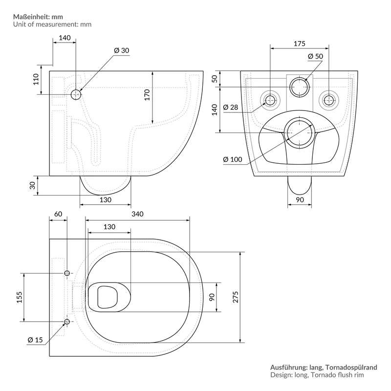 Wand-WC Hänge Toilette aus Keramik 54 cm lang Spülrandlos mit Bidet, Nanoversiegelung & Softclose Luxebath