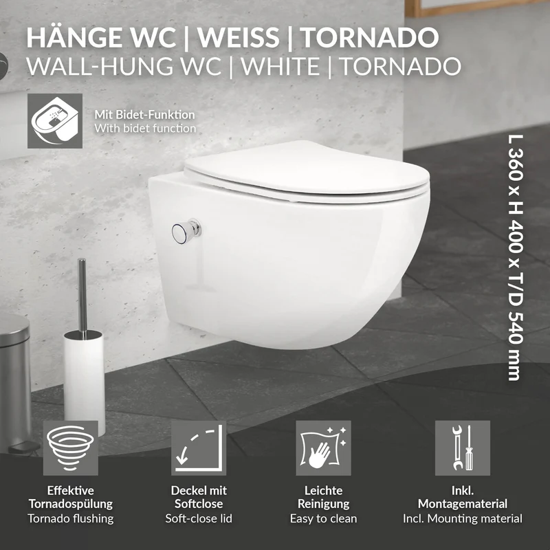 Wand-WC Hänge Toilette aus Keramik 54 cm lang Spülrandlos mit Bidet & Softclose Luxebath