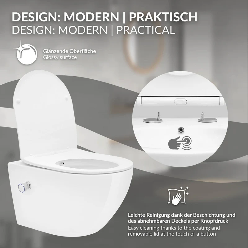 Wand-WC Hänge Toilette aus Keramik 54 cm lang Spülrandlos mit Bidet & Softclose Luxebath