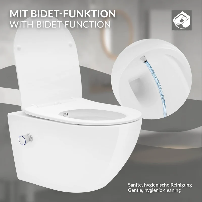 Wand-WC Hänge Toilette aus Keramik 54 cm lang Spülrandlos mit Bidet & Softclose Luxebath