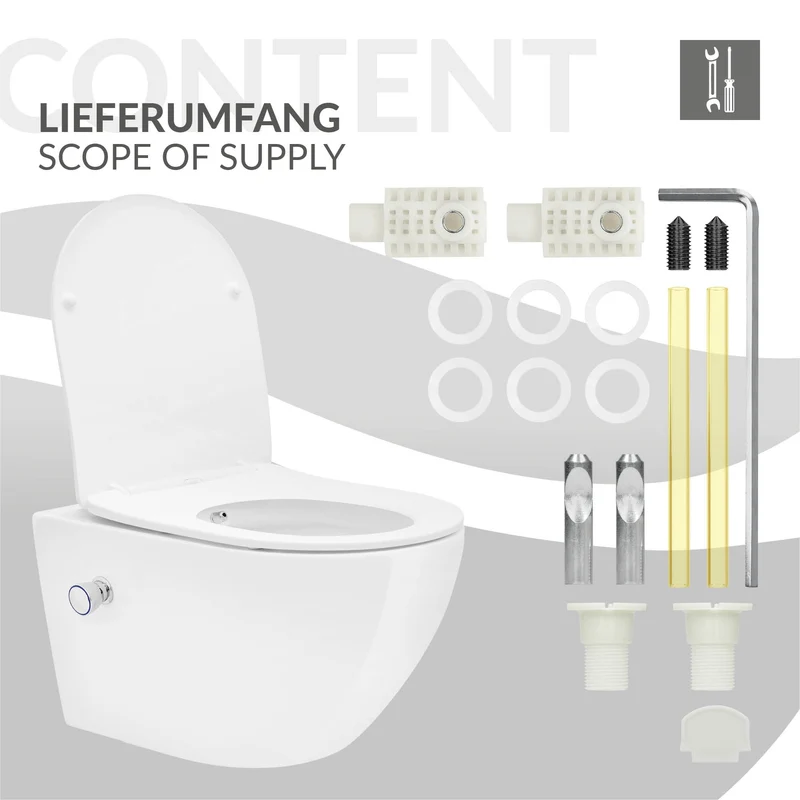 Wand-WC Hänge Toilette aus Keramik 54 cm lang Spülrandlos mit Bidet & Softclose Luxebath