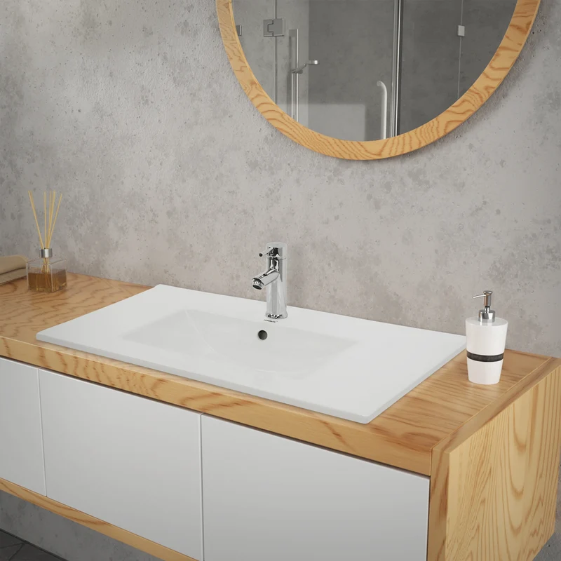 Waschbecken inkl. Ablaufgarnitur Silber mit Überlauf 81x46,5x17,5 cm Weiß aus Keramik LuxeBath