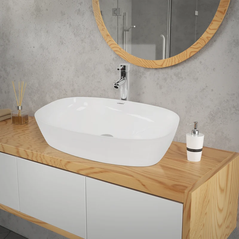 Waschbecken inkl. Ablaufgarnitur Silber ohne Überlauf 60,5x38x14 cm Weiß aus Keramik LuxeBath