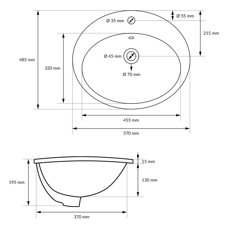 Waschbecken Oval mit Überlauf 57x48,5x19,5 cm Weiß aus Keramik LuxeBath