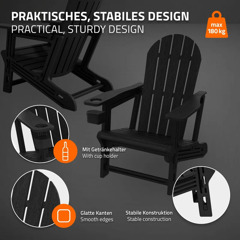 Gartenstuhl Adirondack Stuhl Sonnenstuhl wetterfest aus HDPE Kunststoff bis 180 kg Schwarz Gartensessel ML-Design