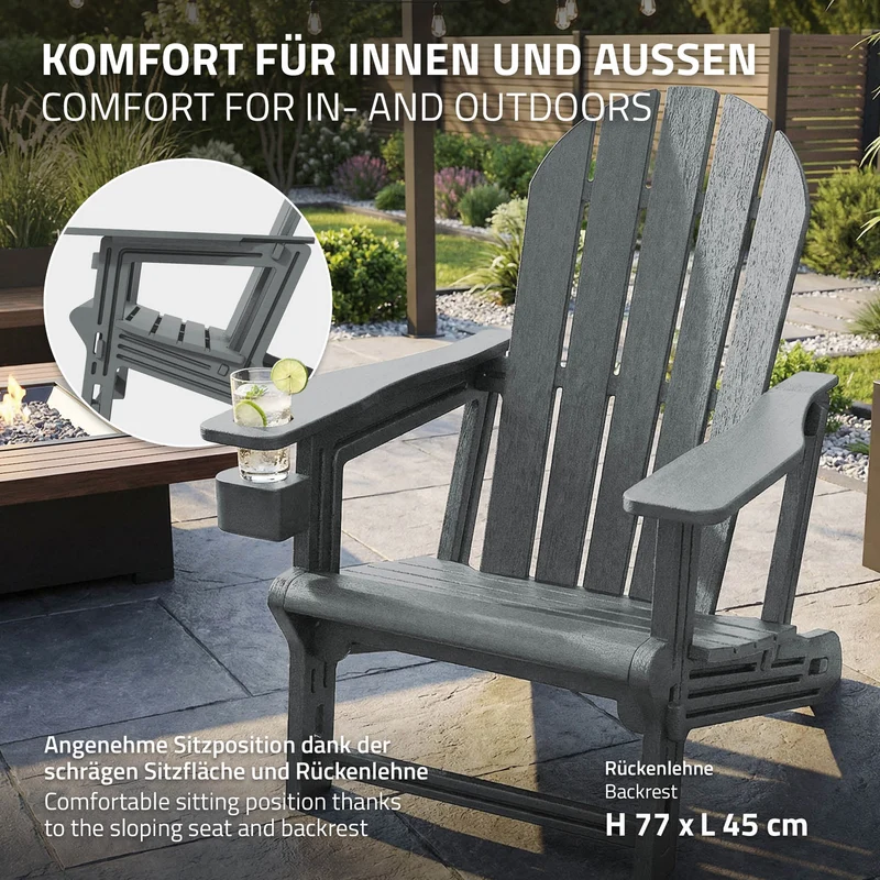 Gartenstuhl Adirondack Stuhl Sonnenstuhl wetterfest aus HDPE Kunststoff bis 180 kg Grau Gartensessel ML-Design