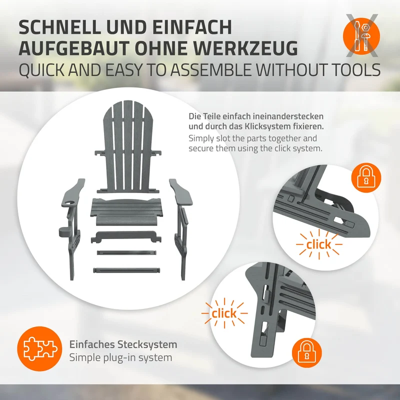 Gartenstuhl Adirondack Stuhl Sonnenstuhl wetterfest aus HDPE Kunststoff bis 180 kg Grau Gartensessel ML-Design