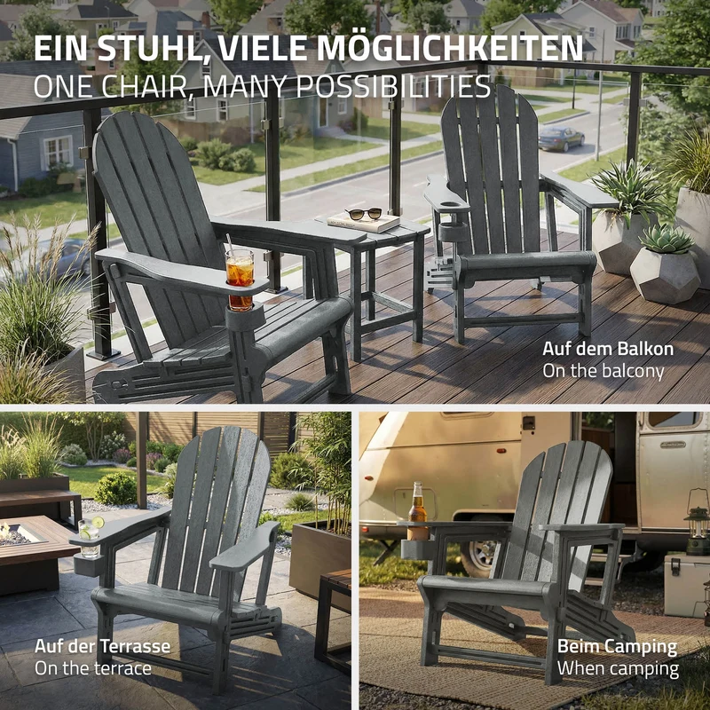 Gartenstuhl Adirondack Stuhl Sonnenstuhl wetterfest aus HDPE Kunststoff bis 180 kg Grau Gartensessel ML-Design