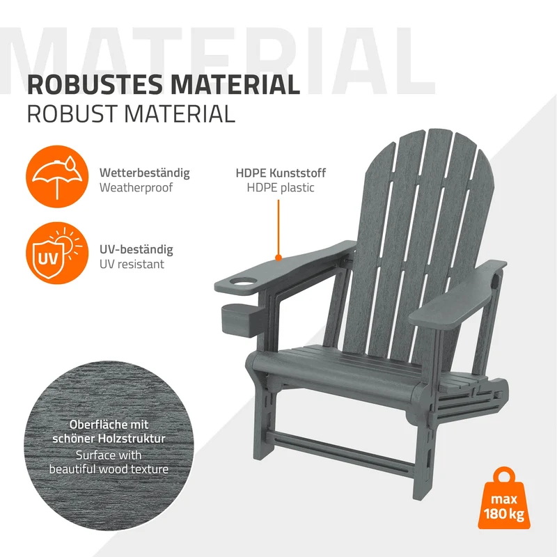 Gartenstuhl Adirondack Stuhl Sonnenstuhl wetterfest aus HDPE Kunststoff bis 180 kg Grau Gartensessel ML-Design