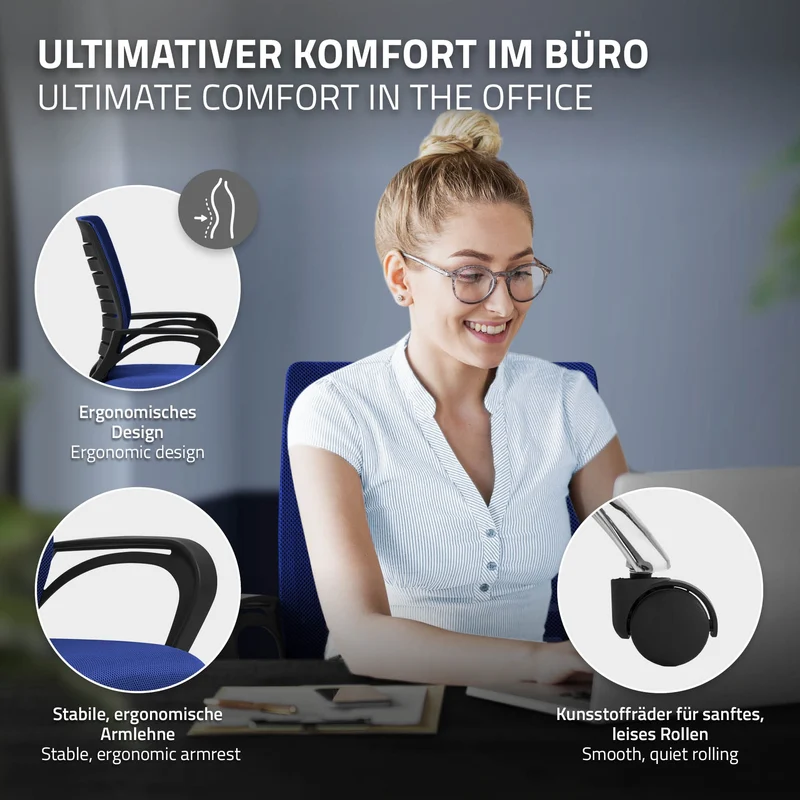 Ergonomischer Bürostuhl mit Armlehnen Netzgewebe Blau mit Rollen ML-Design