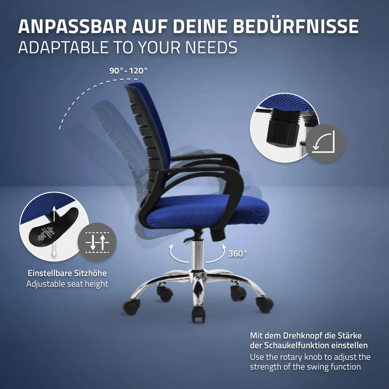 Ergonomischer Bürostuhl mit Armlehnen Netzgewebe Blau mit Rollen ML-Design