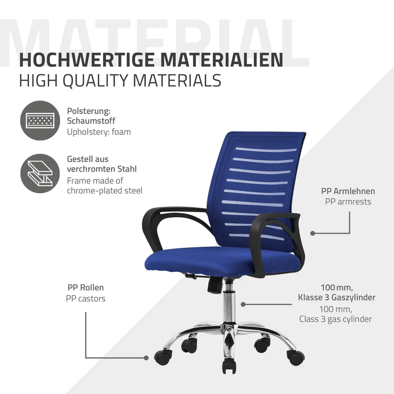 Ergonomischer Bürostuhl mit Armlehnen Netzgewebe Blau mit Rollen ML-Design