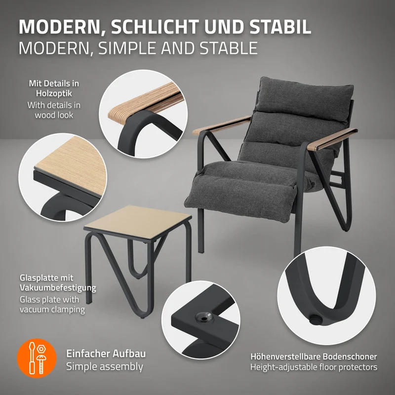 B-Ware Gartenmöbel Set 3 tlg Anthrazit-Grau Sitzgruppe mit 2 Stühlen, Tisch & Sitzkissen Stahlgestell wetterfest ML-Design