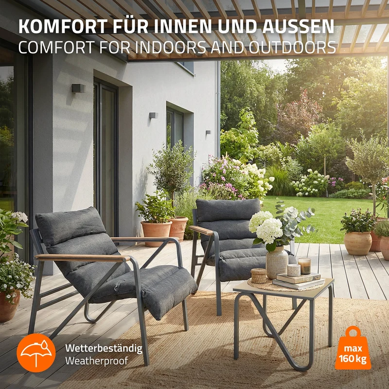 B-Ware Gartenmöbel Set 3 tlg Anthrazit-Grau Sitzgruppe mit 2 Stühlen, Tisch & Sitzkissen Stahlgestell wetterfest ML-Design