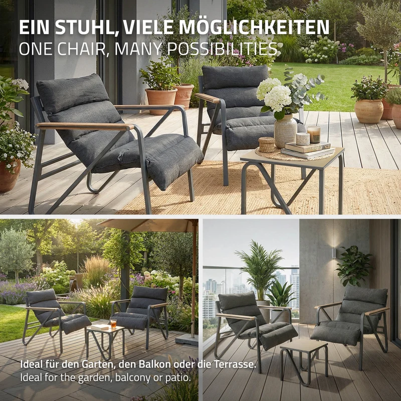 B-Ware Gartenmöbel Set 3 tlg Anthrazit-Grau Sitzgruppe mit 2 Stühlen, Tisch & Sitzkissen Stahlgestell wetterfest ML-Design