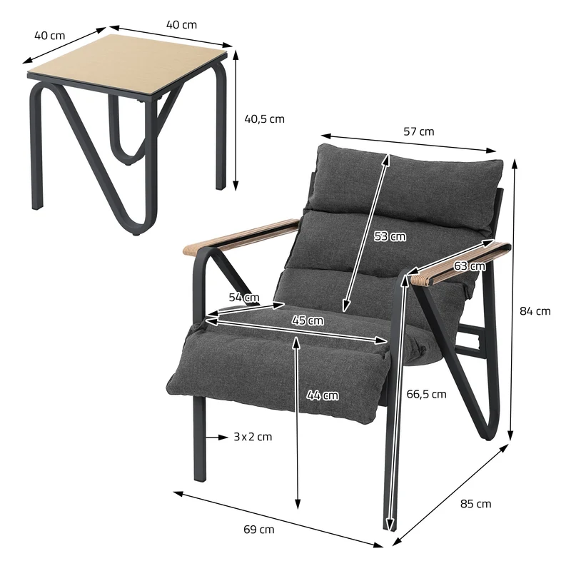 B-Ware Gartenmöbel Set 3 tlg Anthrazit-Grau Sitzgruppe mit 2 Stühlen, Tisch & Sitzkissen Stahlgestell wetterfest ML-Design