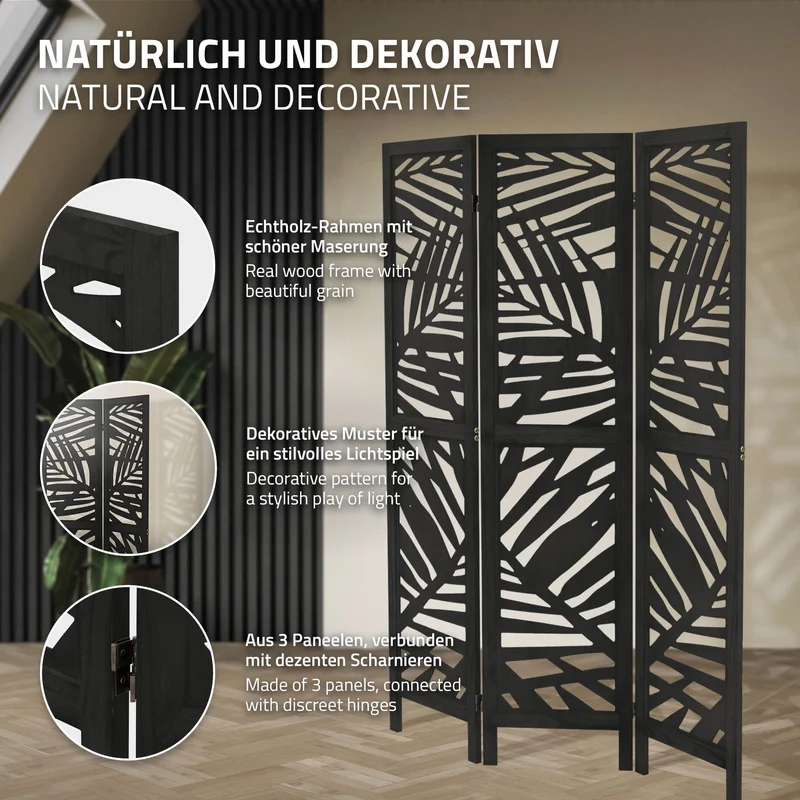 ML-Design | Paravent Kyoto 3 teilig aus Holz 170x121 cm, Schwarz, Raumteiler faltbar, Trennwand für innen