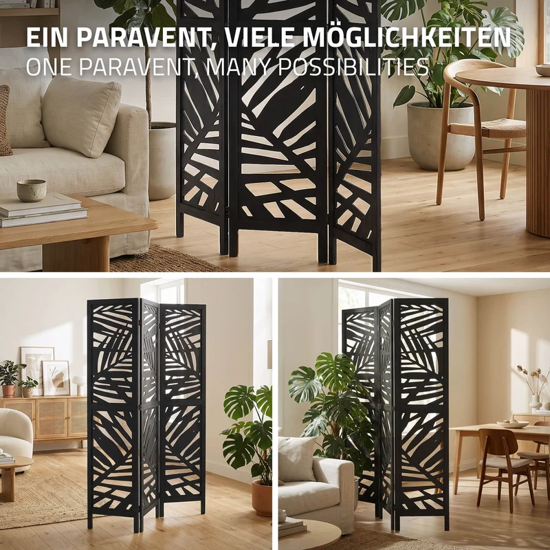 ML-Design | Paravent Kyoto 3 teilig aus Holz 170x121 cm, Schwarz, Raumteiler faltbar, Trennwand für innen