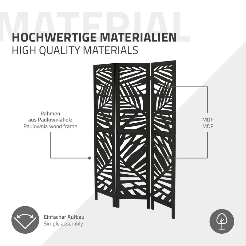 ML-Design | Paravent Kyoto 3 teilig aus Holz 170x121 cm, Schwarz, Raumteiler faltbar, Trennwand für innen
