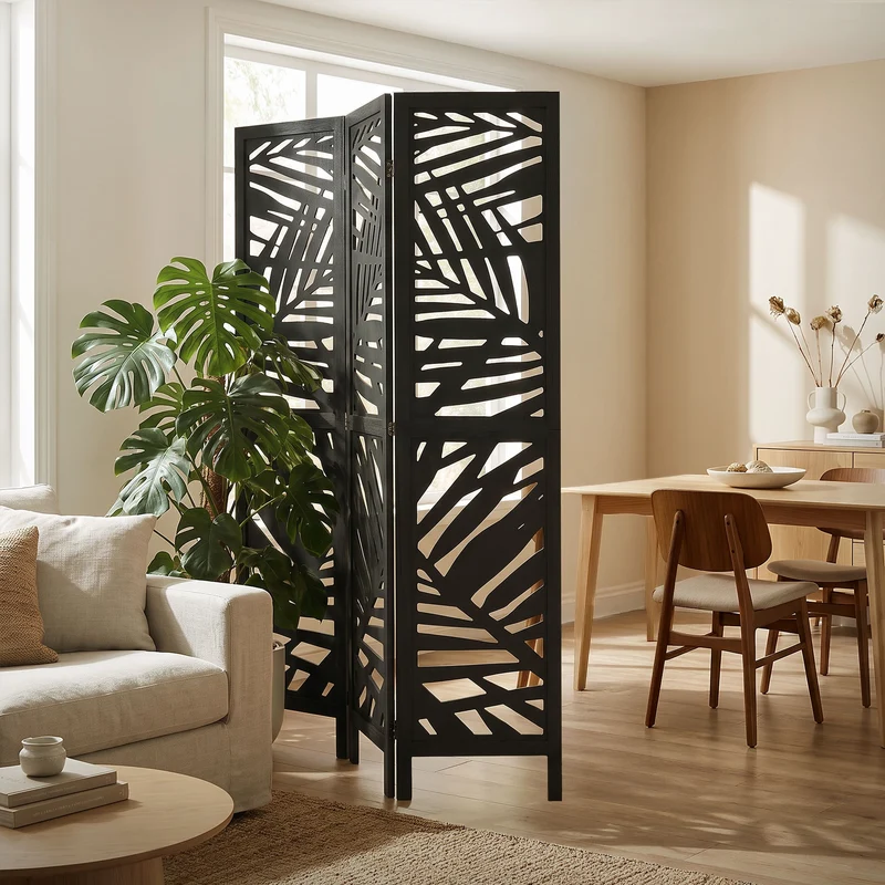 ML-Design | Paravent Kyoto 3 teilig aus Holz 170x121 cm, Schwarz, Raumteiler faltbar, Trennwand für innen