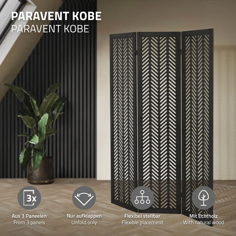ML-Design | Paravent Kobe 3 teilig aus Holz 170x121 cm, Schwarz, Raumteiler faltbar, Trennwand für innen