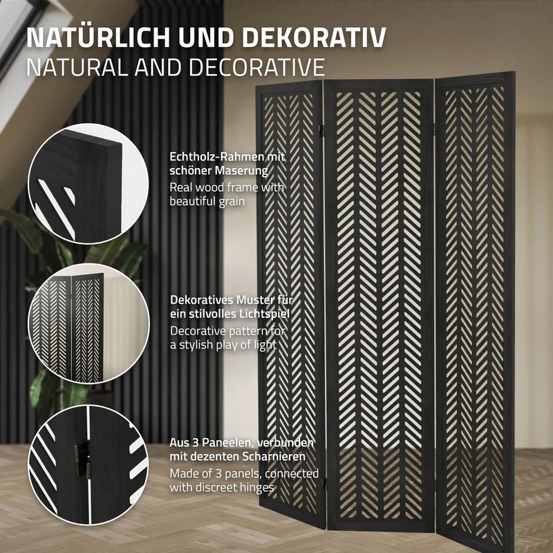 ML-Design | Paravent Kobe 3 teilig aus Holz 170x121 cm, Schwarz, Raumteiler faltbar, Trennwand für innen