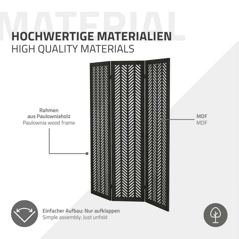 ML-Design | Paravent Kobe 3 teilig aus Holz 170x121 cm, Schwarz, Raumteiler faltbar, Trennwand für innen