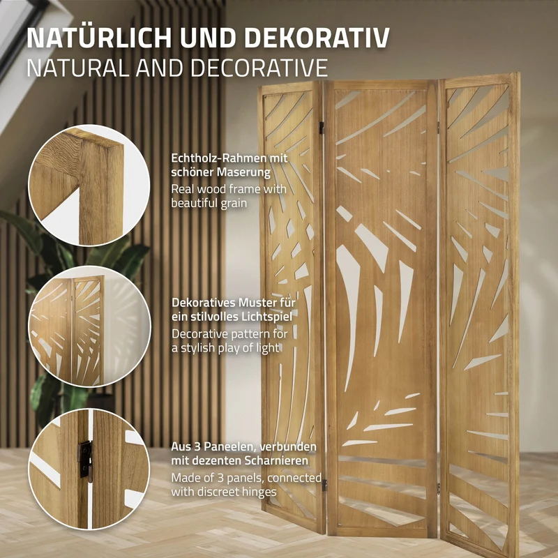 ML-Design | Paravent Sapporo 3 teilig aus Holz 170x121 cm, Braun, Raumteiler faltbar, Trennwand für innen