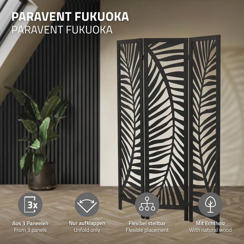 ML-Design | Paravent Fukuoka 3 teilig aus Holz 170x121 cm, Schwarz, Raumteiler faltbar, Trennwand für innen