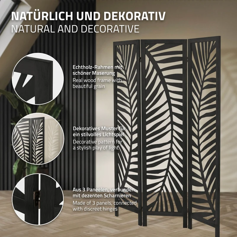 ML-Design | Paravent Fukuoka 3 teilig aus Holz 170x121 cm, Schwarz, Raumteiler faltbar, Trennwand für innen