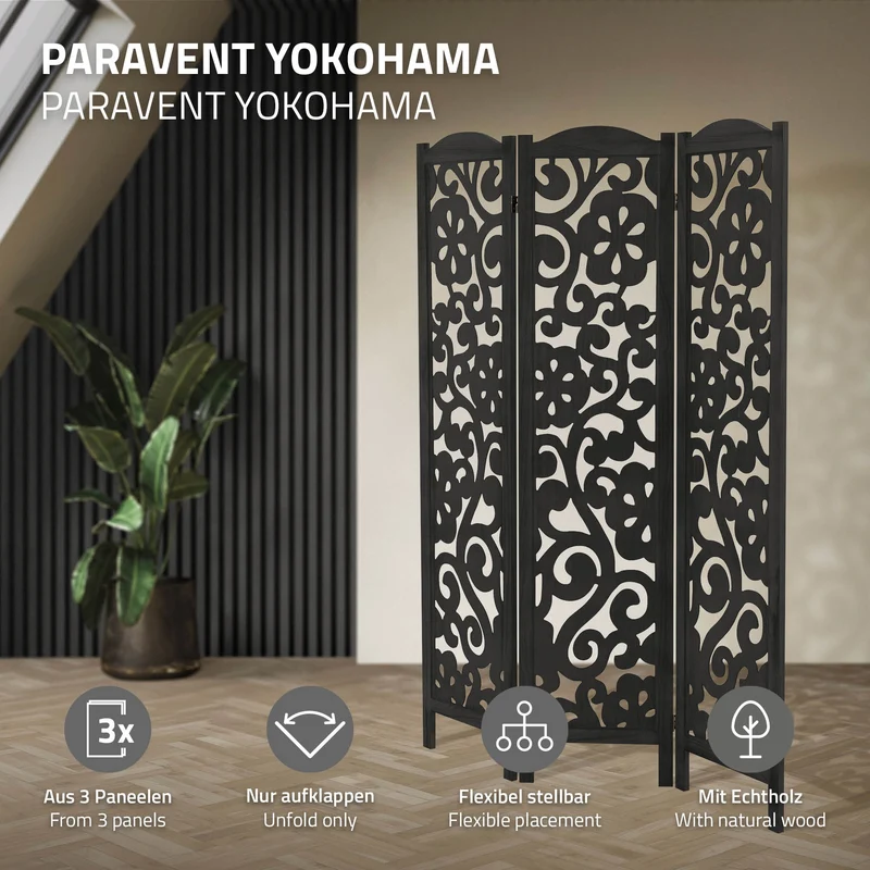 ML-Design | Paravent Yokohama 3 teilig aus Holz 172x121 cm, Schwarz, Raumteiler faltbar, Trennwand für innen