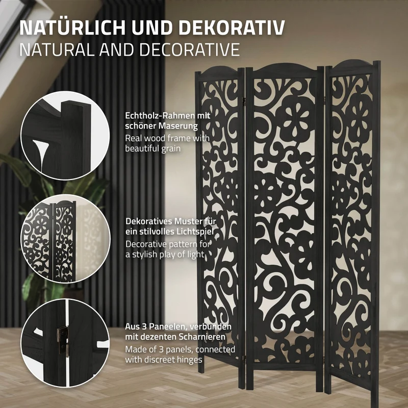 ML-Design | Paravent Yokohama 3 teilig aus Holz 172x121 cm, Schwarz, Raumteiler faltbar, Trennwand für innen