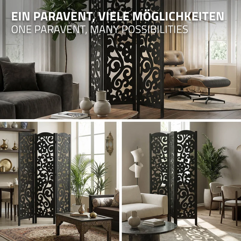ML-Design | Paravent Yokohama 3 teilig aus Holz 172x121 cm, Schwarz, Raumteiler faltbar, Trennwand für innen
